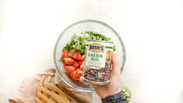 Can of BUSHS Black Bean Fiesta in Fattoush Salad Dressing