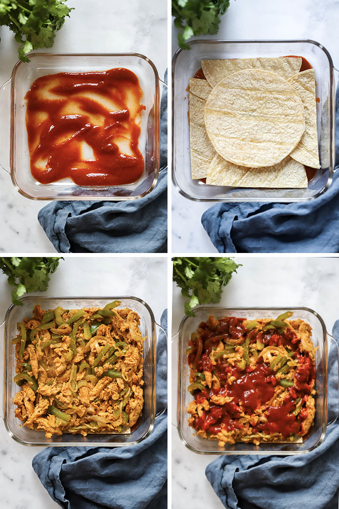 easy vegan enchilada casserole layer image collage