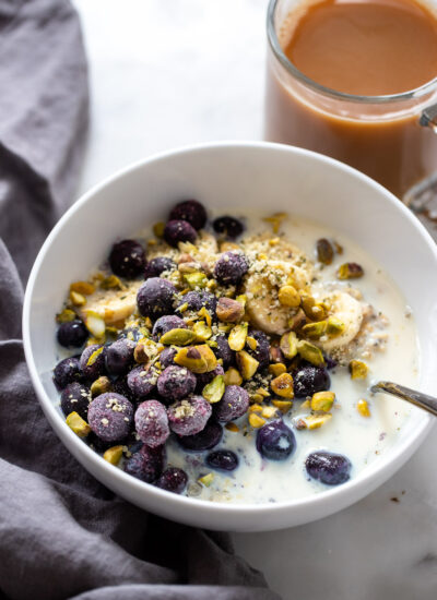 blueberry oatmeal in white bowl