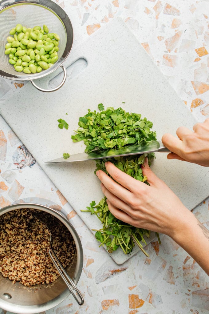 hand chopping cilantro