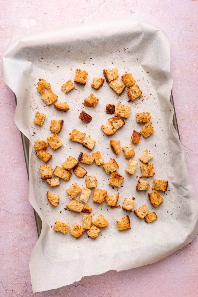 homemade croutons baked on tray
