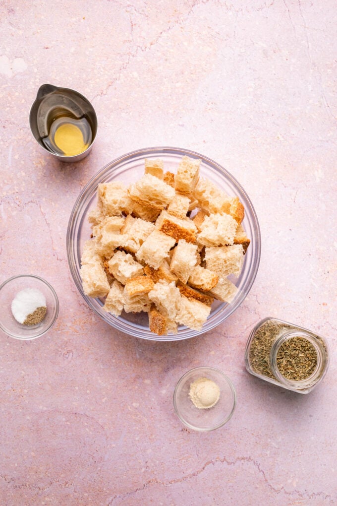 homemade croutons ingredients in bowls